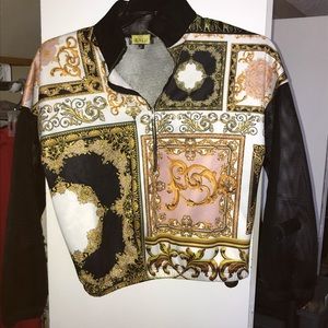Zip up, mesh sleeve/back bomber jacket.pink, gold, white, black Baroque design.